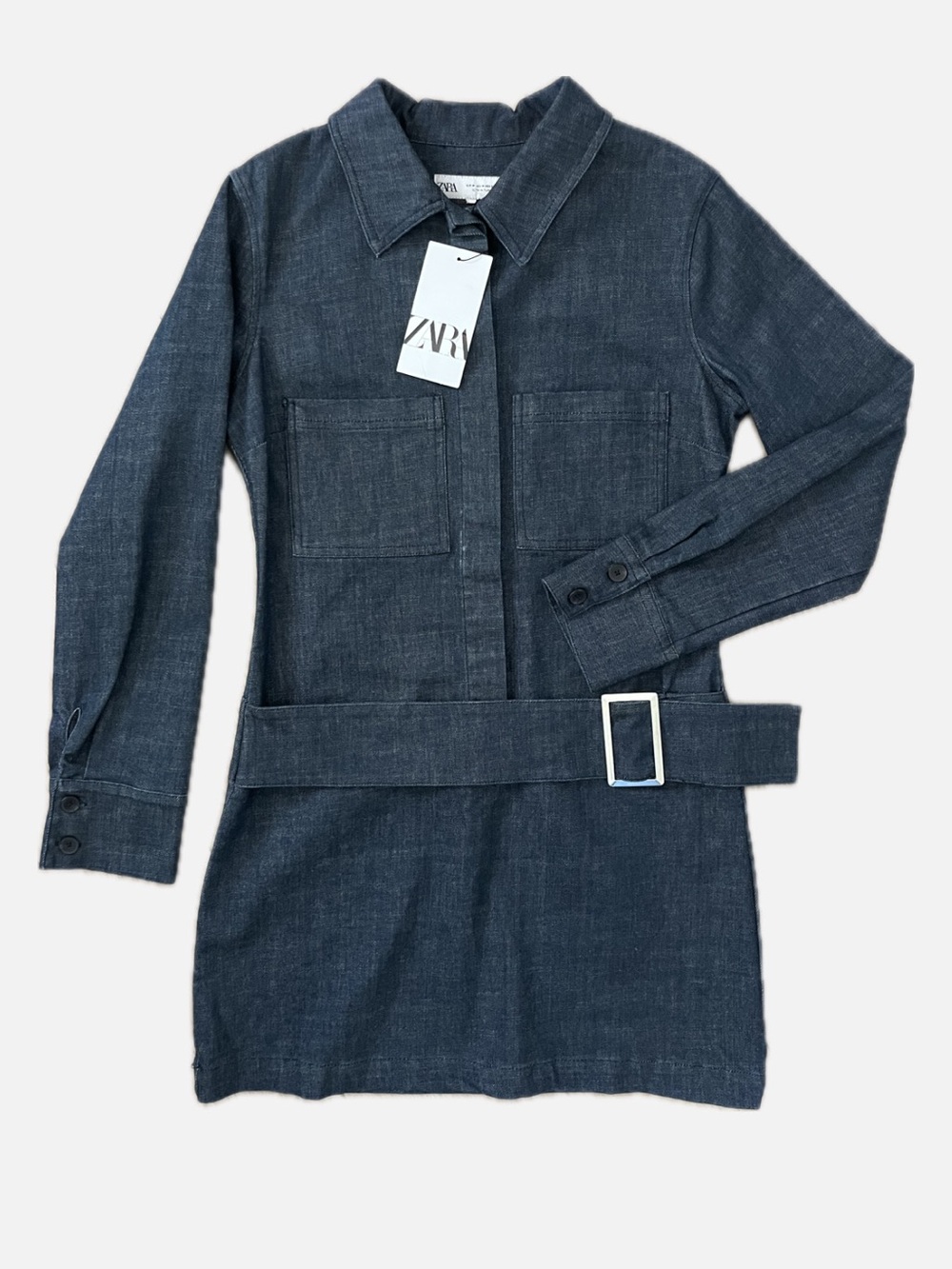 NWT ZARA Dark Denim Long Sleeve Mini Dress w/ Integrated Belt